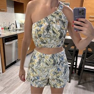 Abercrombie floral linen shorts asymmetrical top set small medium
